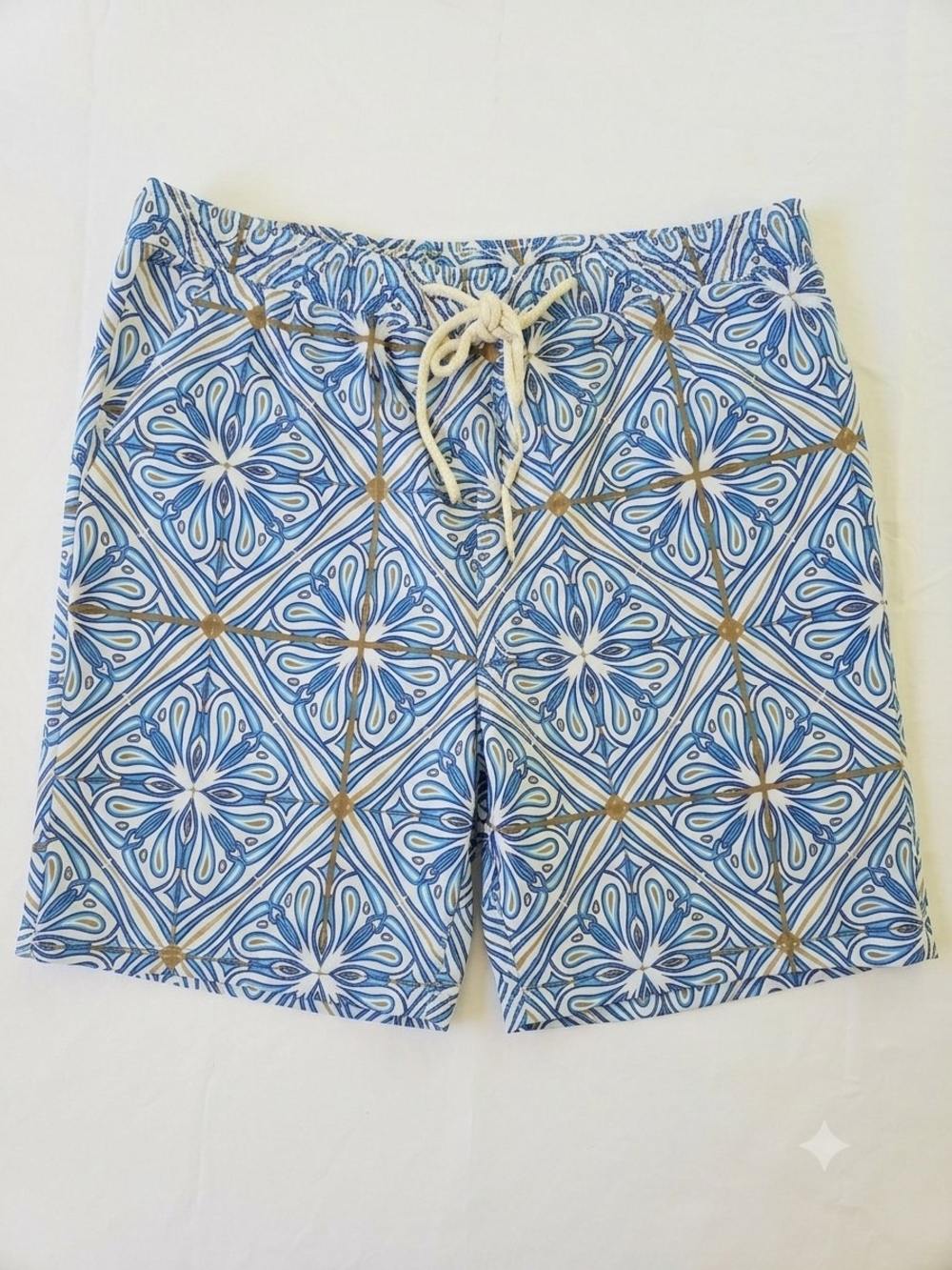Men's Tile-Print Blue Fully Lined Swim Trunks with Drawstring Snover NWT Size XL